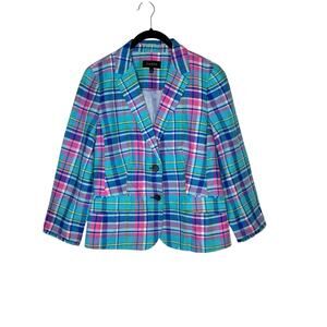 Talbots Womens Madras Sunshine Blazer 8‎ Linen Blend Plaid Ruffle Cuffs Preppy